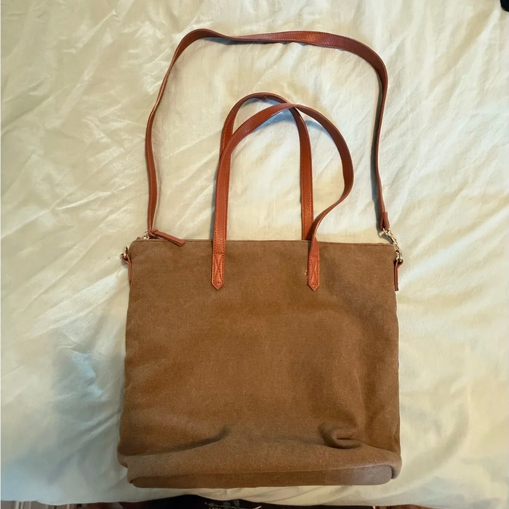 Olive Green Canvas Laptop Tote Bag Brown Shoulder Strap